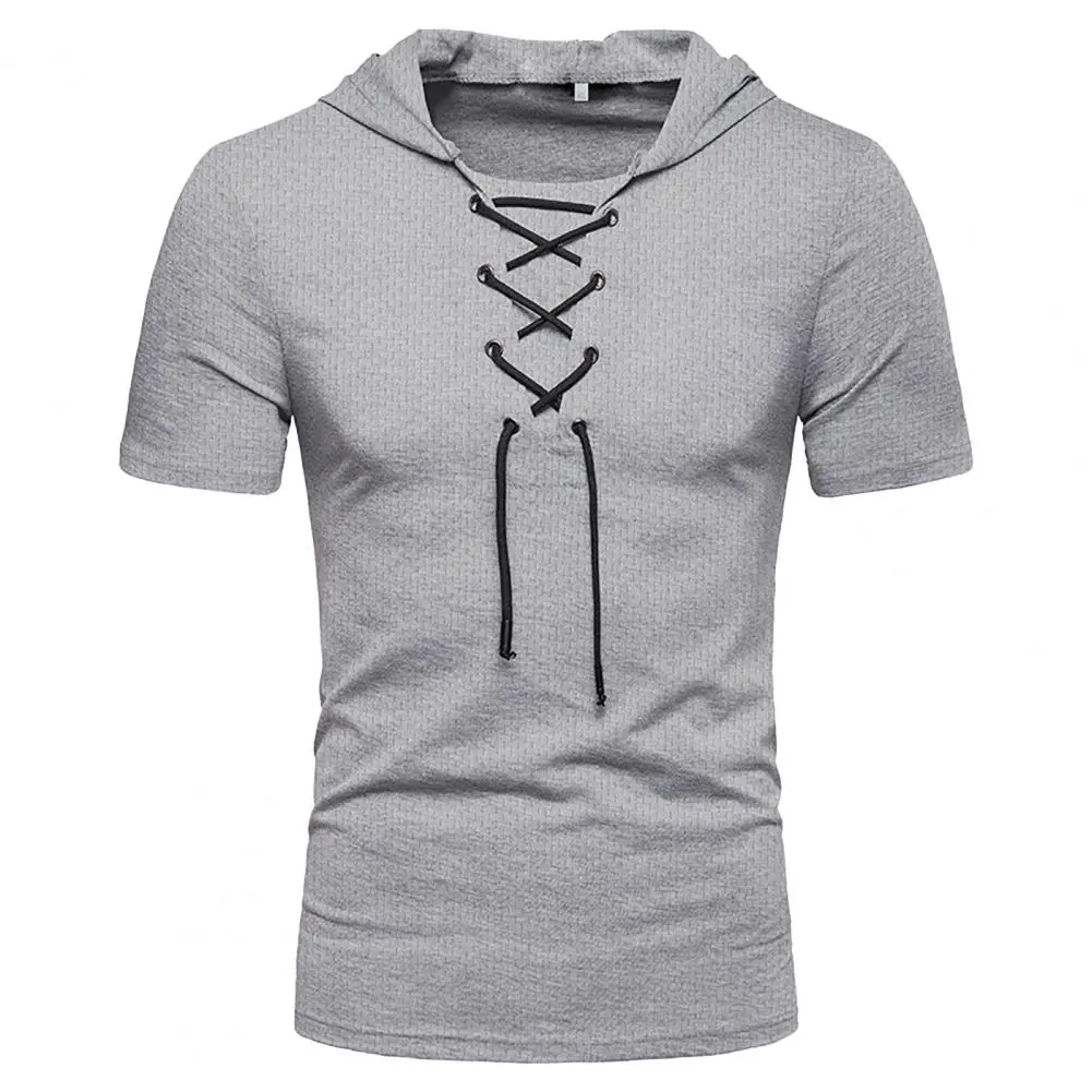 Anti-shrink Summer T-shirt Men T-shirt Lace-up Bandage Strap Men T-shirt Breathable Casual Summer Pullover Student Shirt Men Top
