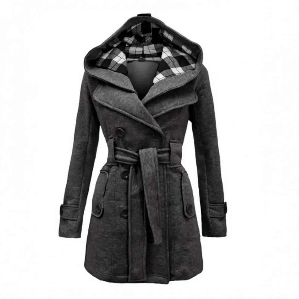 Plaid Hooded Double-Breasted Woolen Coat Slim Fit Elegant waist tight Plaid Casual Women Woolen Jacket Autumn Overcoat Outerwear