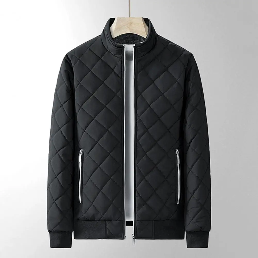 Fleece Lined Casual Jacket Men Autumn Winter Bomber Jacket Men Diamond Pattern Fashion Clothing 2023 Slim Fit Coat Male Outwear