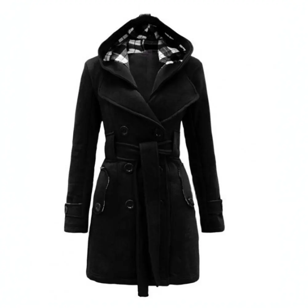 Plaid Hooded Double-Breasted Woolen Coat Slim Fit Elegant waist tight Plaid Casual Women Woolen Jacket Autumn Overcoat Outerwear