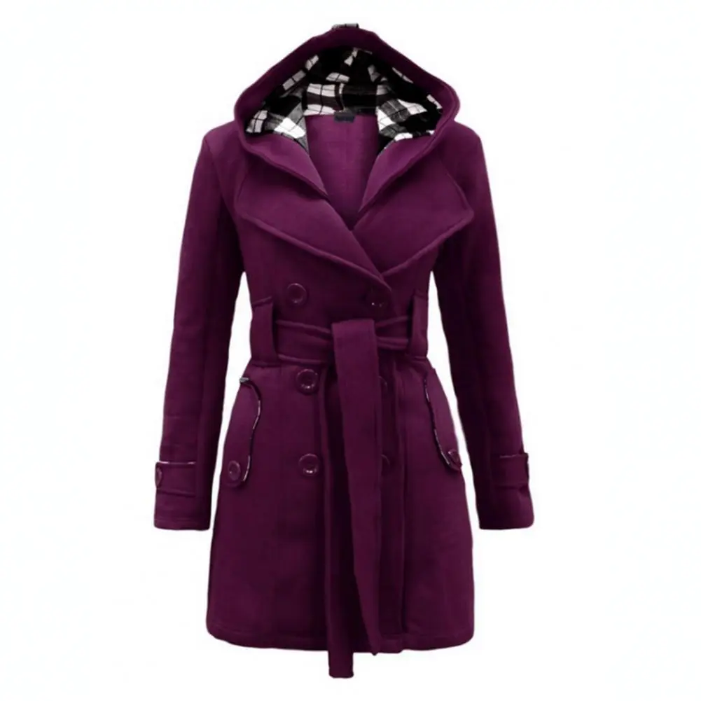 Plaid Hooded Double-Breasted Woolen Coat Slim Fit Elegant waist tight Plaid Casual Women Woolen Jacket Autumn Overcoat Outerwear