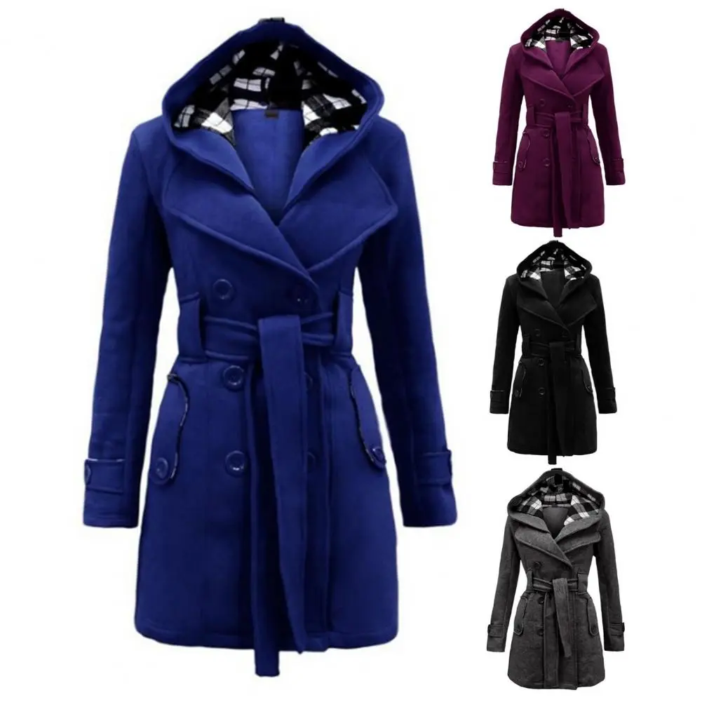 Plaid Hooded Double-Breasted Woolen Coat Slim Fit Elegant waist tight Plaid Casual Women Woolen Jacket Autumn Overcoat Outerwear