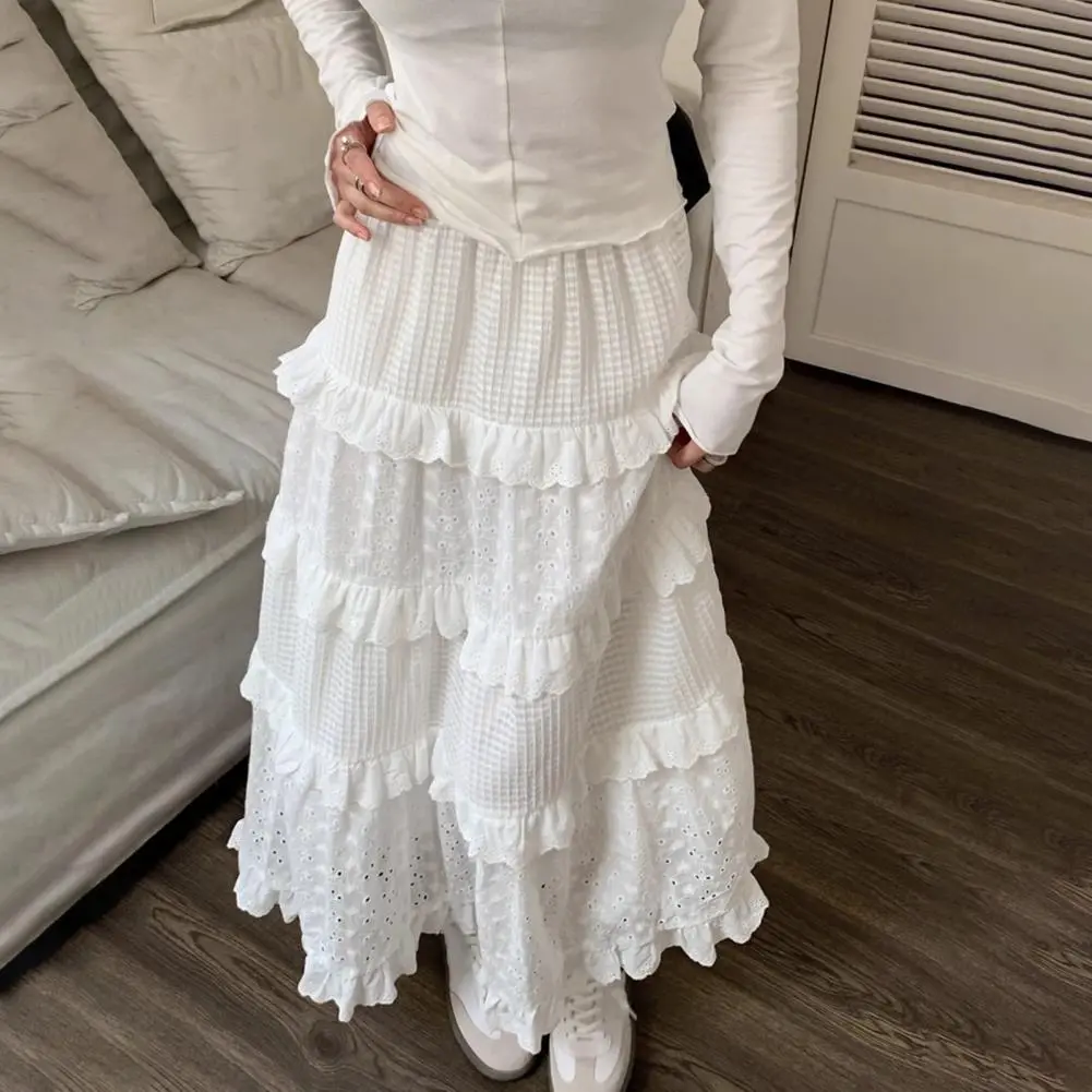 Long Tulle Midi Skirt Hollow Crochet Flower Pattern Ruffle A-Line Women Skirt Elastic High Waist Female White Pleated Long Skirt