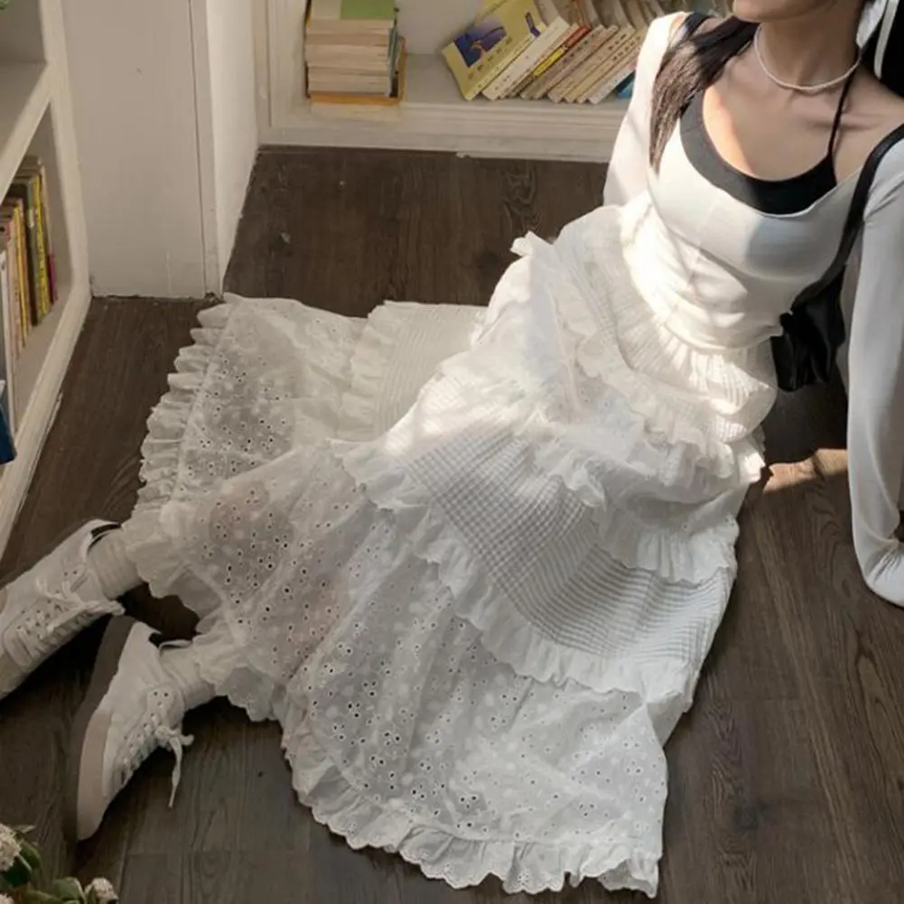 Long Tulle Midi Skirt Hollow Crochet Flower Pattern Ruffle A-Line Women Skirt Elastic High Waist Female White Pleated Long Skirt