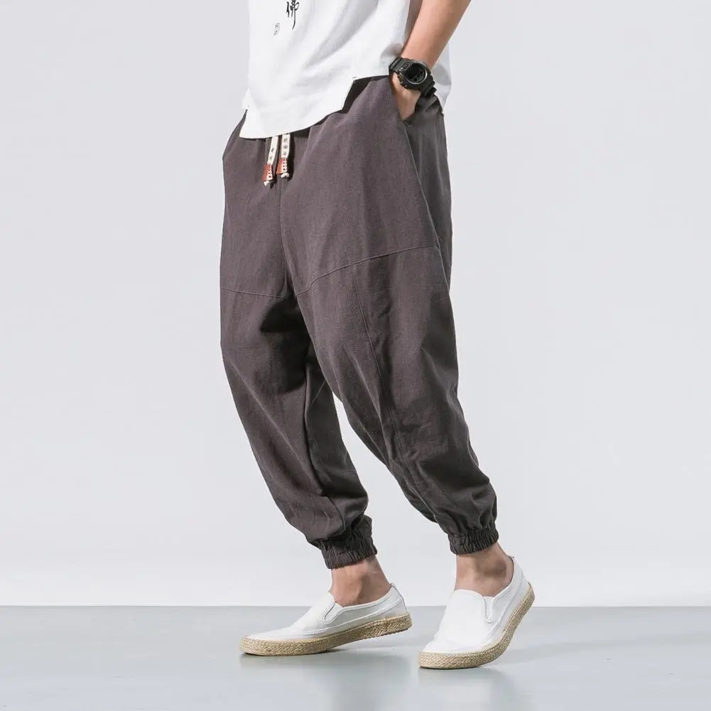 Cotton Men Harem Pants Harem Pants Men Solid Elastic Waist Streetwear Joggers Japanese Style Loose Ankle Length Pockets Trousers