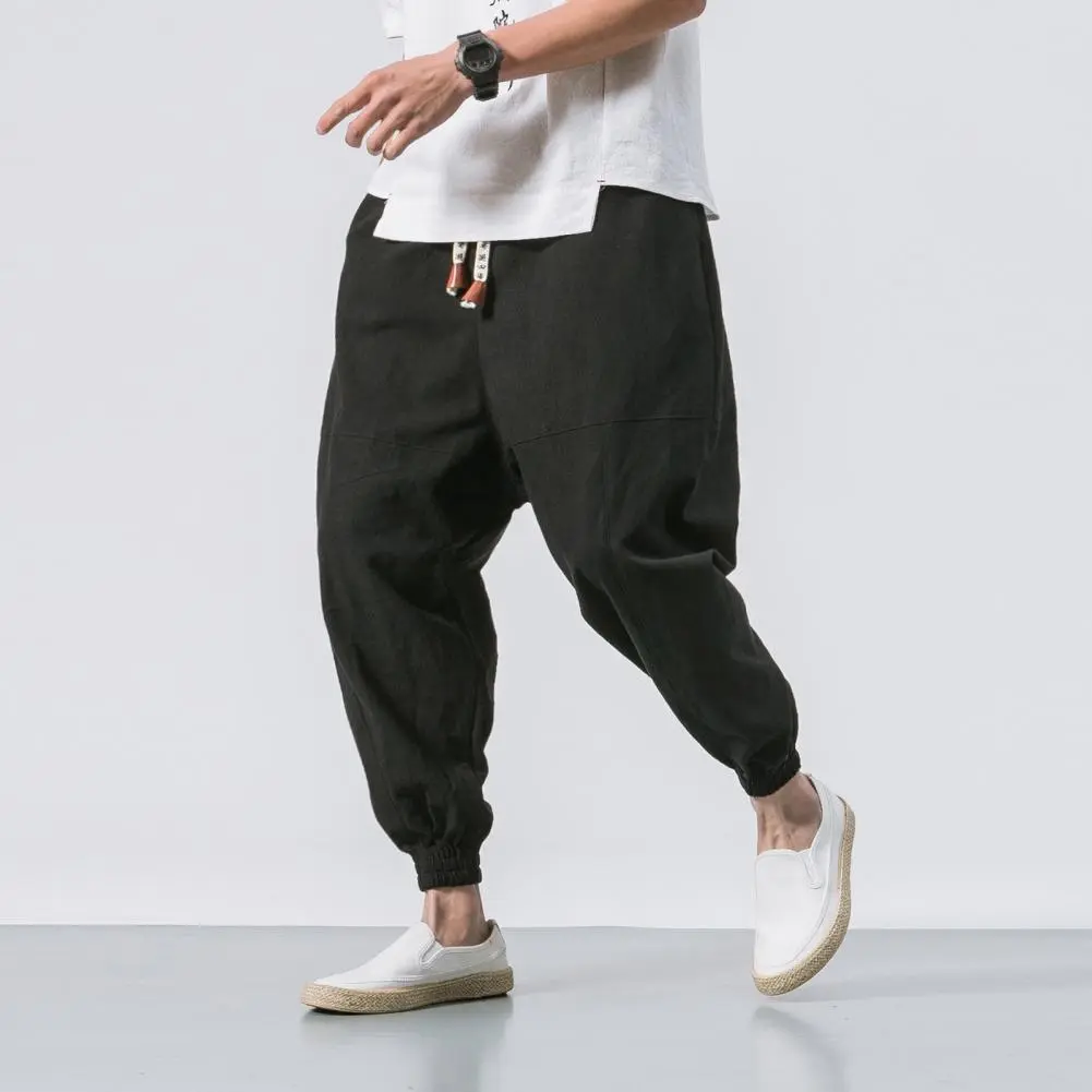 Cotton Men Harem Pants Harem Pants Men Solid Elastic Waist Streetwear Joggers Japanese Style Loose Ankle Length Pockets Trousers