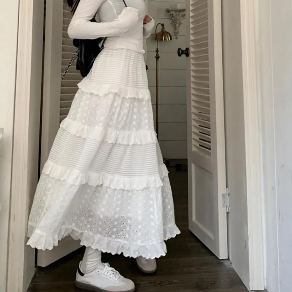 Long Tulle Midi Skirt Hollow Crochet Flower Pattern Ruffle A-Line Women Skirt Elastic High Waist Female White Pleated Long Skirt