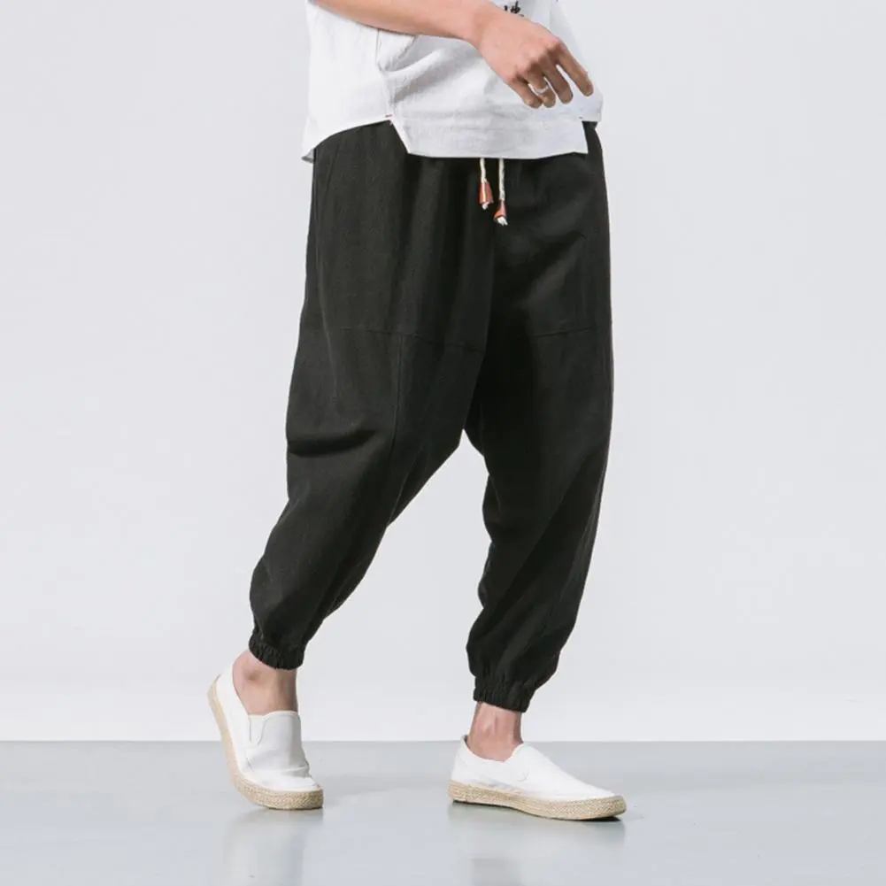 Cotton Men Harem Pants Harem Pants Men Solid Elastic Waist Streetwear Joggers Japanese Style Loose Ankle Length Pockets Trousers