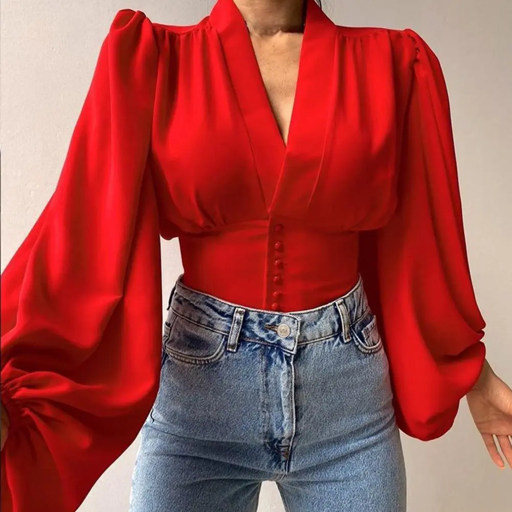 Sexy V Neck Women Shirt Blouse Casual Women's Print Shirt Autumn Solid Color Lantern Sleeve Single Breasted Women Shirt Top
