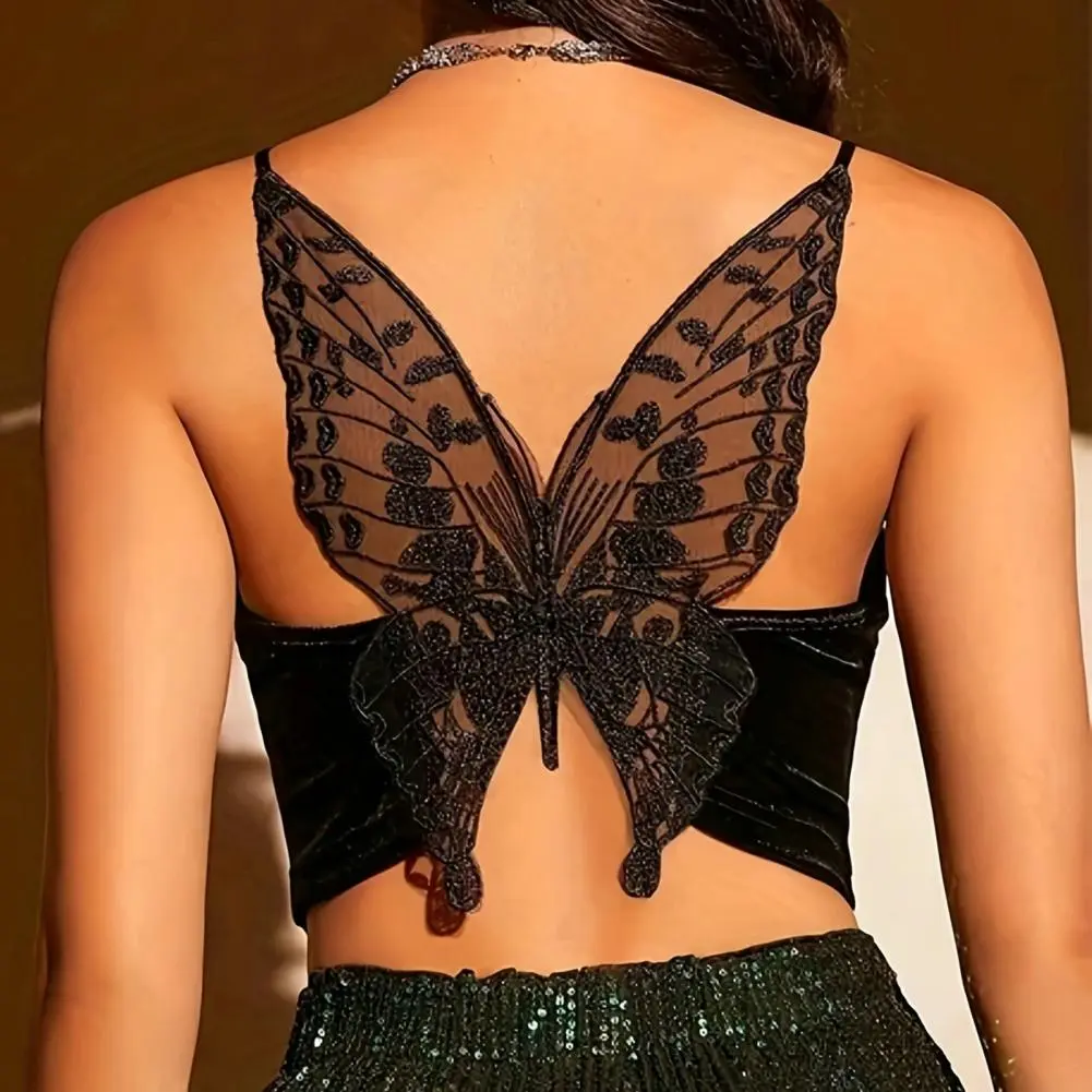 Butterflies Hollow Out Camisole Sexy Butterfy Embroidered Sling Vest Women Tank Top V-Neck Sleeveless Slim Fit Lady Blouse