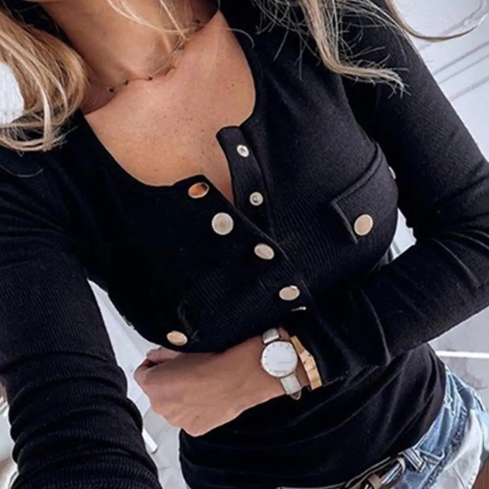 Sexy Slim Fit Women Blouse Women Spring Autumn Long Sleeve Buttons Ribbed Slim Plus Size Low-cut Blouse Women's Casual Tops