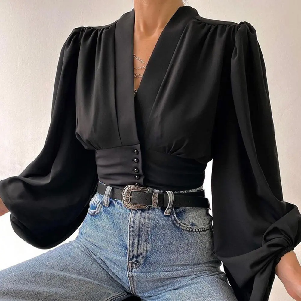 Sexy V Neck Women Shirt Blouse Casual Women's Print Shirt Autumn Solid Color Lantern Sleeve Single Breasted Women Shirt Top