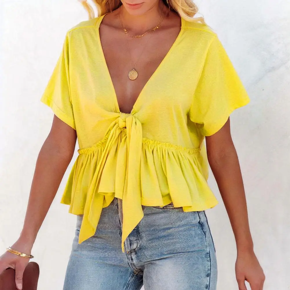 Ruffle Hem Blouse Solid Color Casual T-shirt Women Blous Strappy Ruffle Blouse for Women Summer V-Neck Short Sleeve Knot Design
