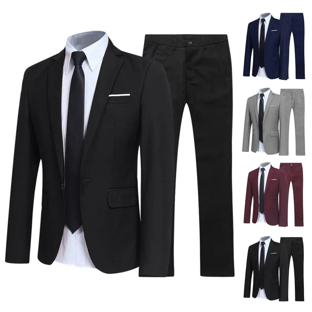 Men Pants Two Pieces Set Commuting Loose Leisure Fashion Office Business Suit Wedding Wear Lapel Formal Groom Suit Set