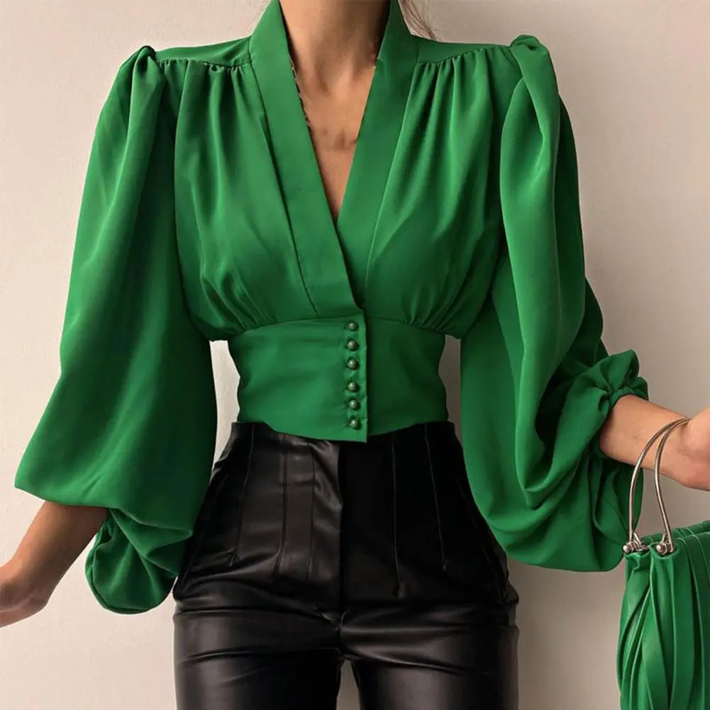 Sexy V Neck Women Shirt Blouse Casual Women's Print Shirt Autumn Solid Color Lantern Sleeve Single Breasted Women Shirt Top
