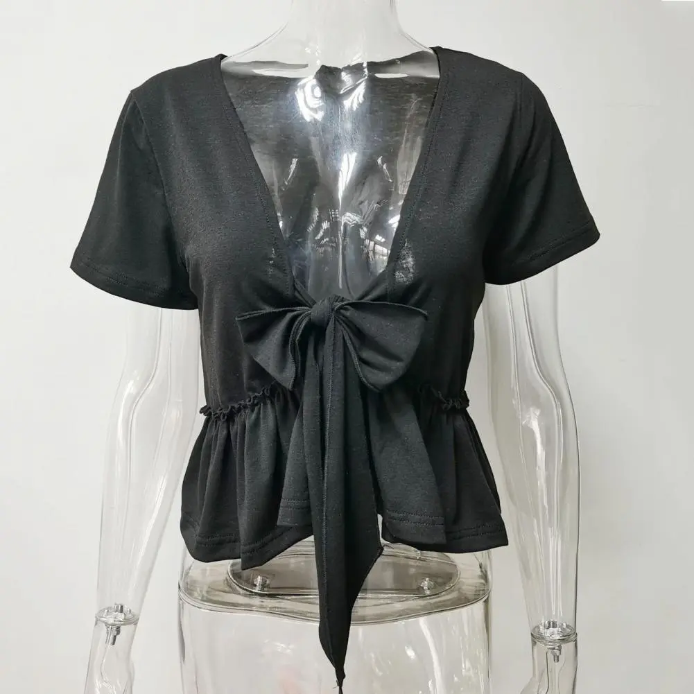 Ruffle Hem Blouse Solid Color Casual T-shirt Women Blous Strappy Ruffle Blouse for Women Summer V-Neck Short Sleeve Knot Design