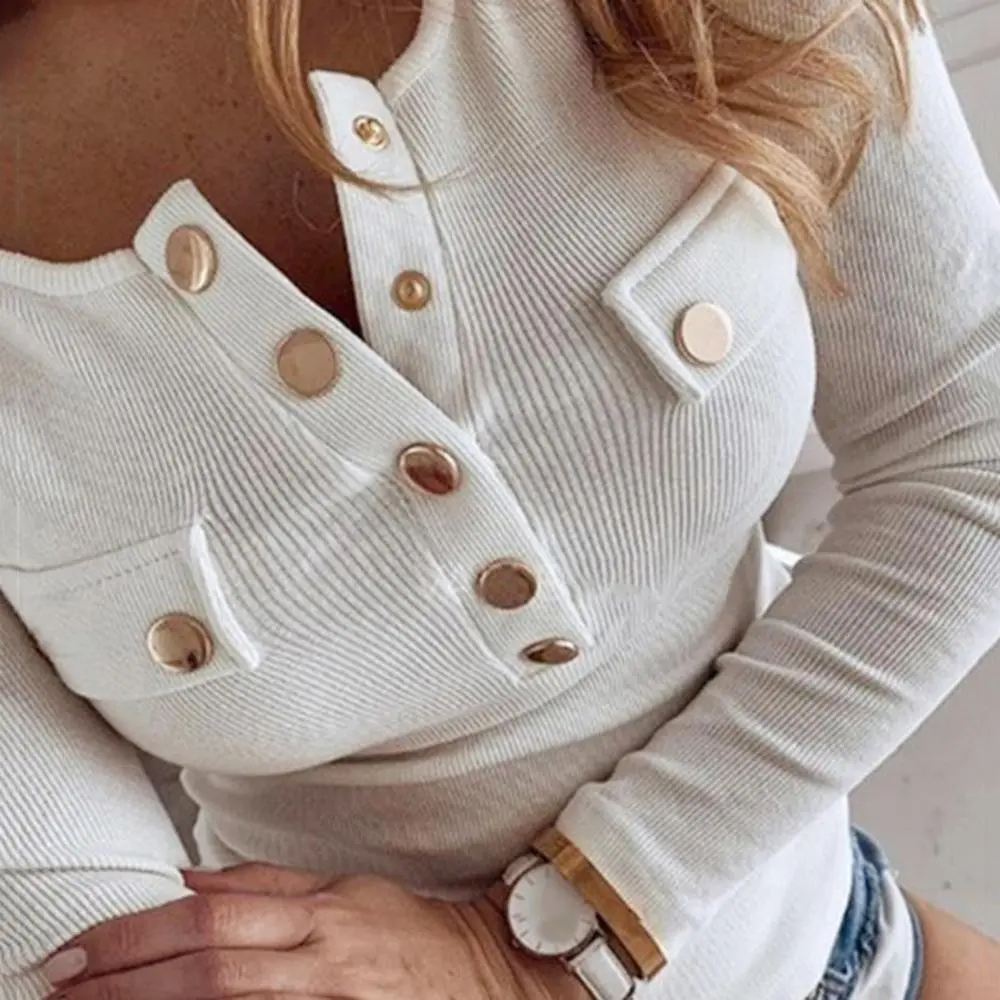 Sexy Slim Fit Women Blouse Women Spring Autumn Long Sleeve Buttons Ribbed Slim Plus Size Low-cut Blouse Women's Casual Tops