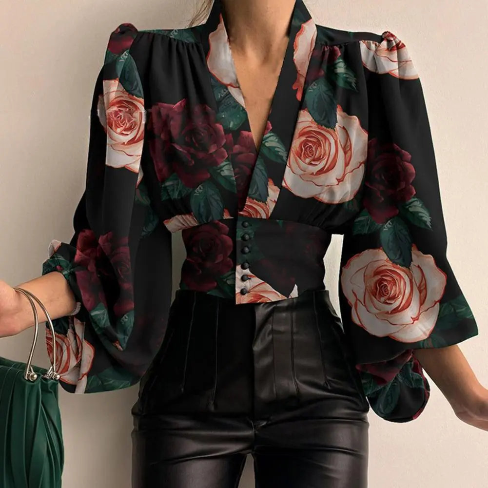Sexy V Neck Women Shirt Blouse Casual Women's Print Shirt Autumn Solid Color Lantern Sleeve Single Breasted Women Shirt Top