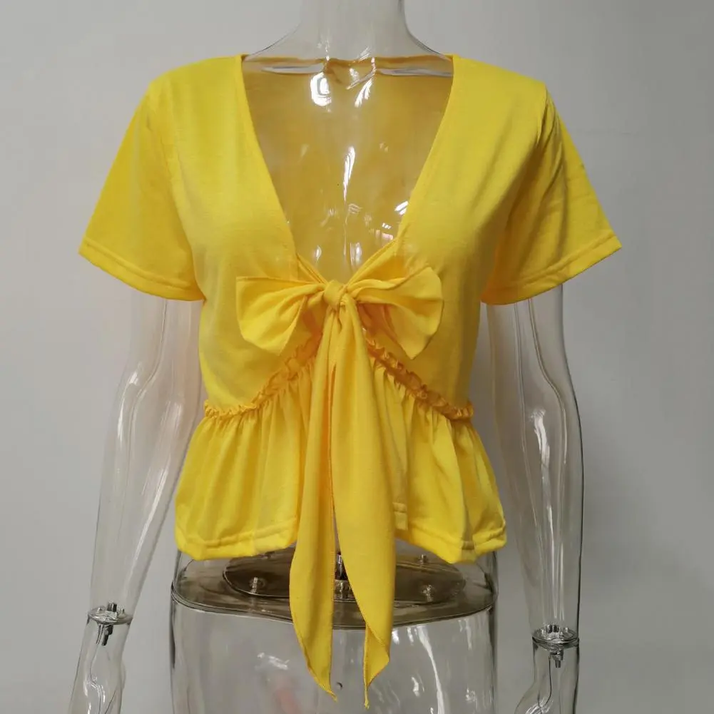 Ruffle Hem Blouse Solid Color Casual T-shirt Women Blous Strappy Ruffle Blouse for Women Summer V-Neck Short Sleeve Knot Design