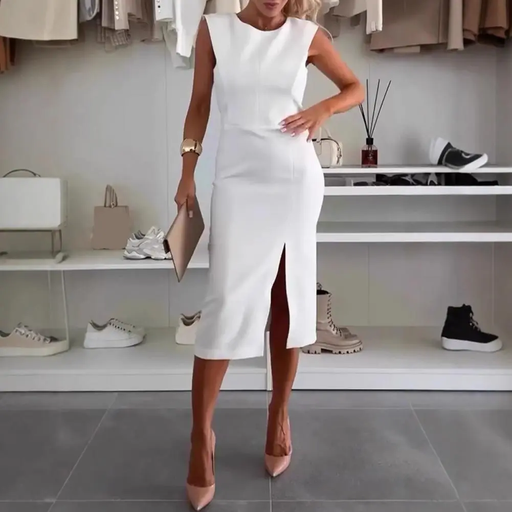 2025 Summer New Women Slim Fit Dress o Neck Sleeveless Slit Design Solid Color Midi Dress Comfortable Casual Dress for Women