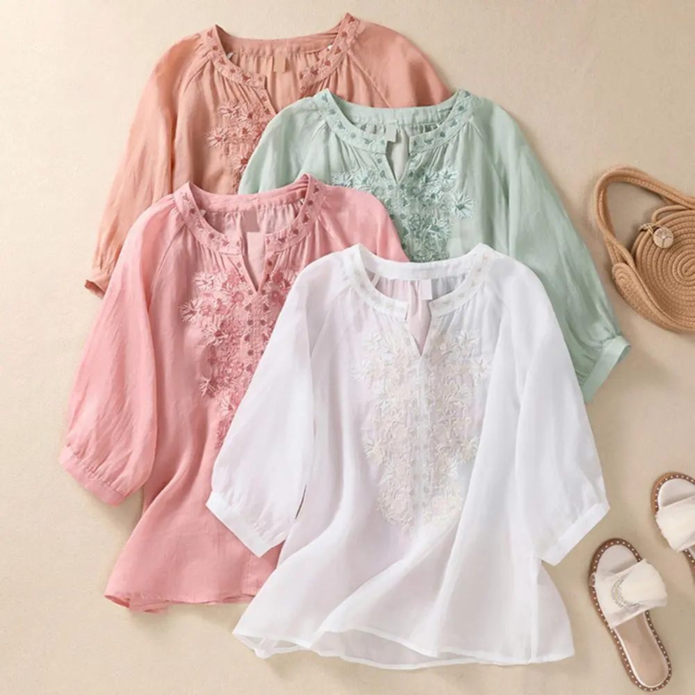 Cotton And Linen Flower Embroidery Shirt Summer Women Shirt V Neck Flower Embroidery Three Quarter Sleeves Loose Retro Blouse