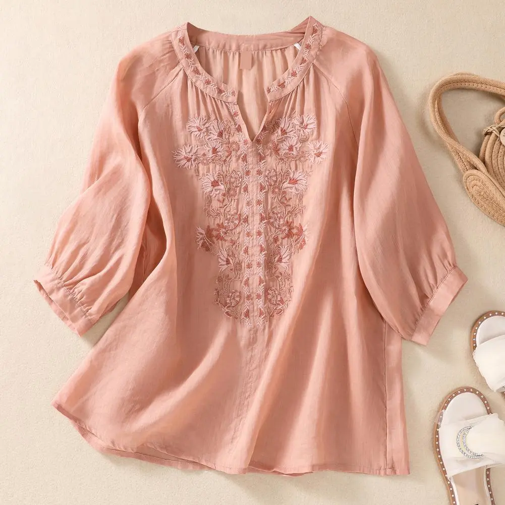Cotton And Linen Flower Embroidery Shirt Summer Women Shirt V Neck Flower Embroidery Three Quarter Sleeves Loose Retro Blouse