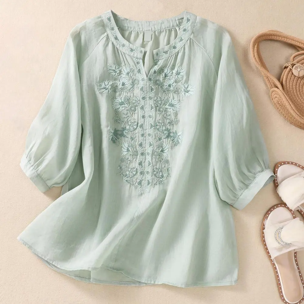 Cotton And Linen Flower Embroidery Shirt Summer Women Shirt V Neck Flower Embroidery Three Quarter Sleeves Loose Retro Blouse