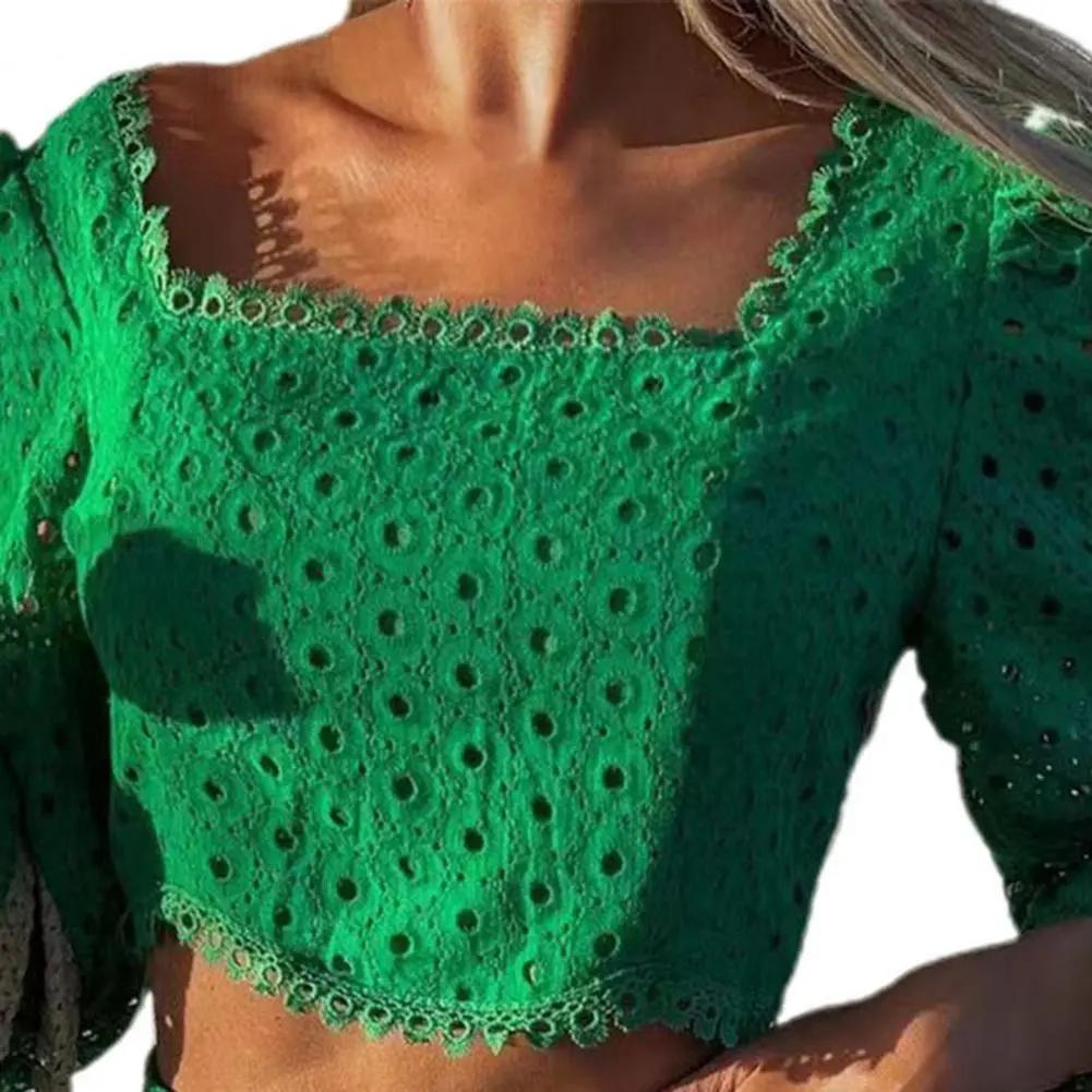 Women Crop Top Shorts Hollow Out Lace Square Collar Lace-up Shorts Set High Wais Lace-up Cute-out Crop Top Shorts Streetwear