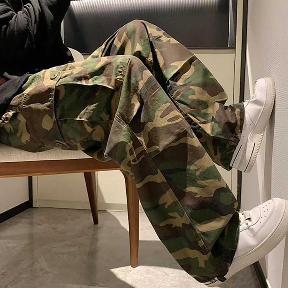 Straight Men Wide Leg Pants Camouflage Jogging Trousers Drawstring Elastic Waist Wide Male Casual Pants Vintage Cargo Pants