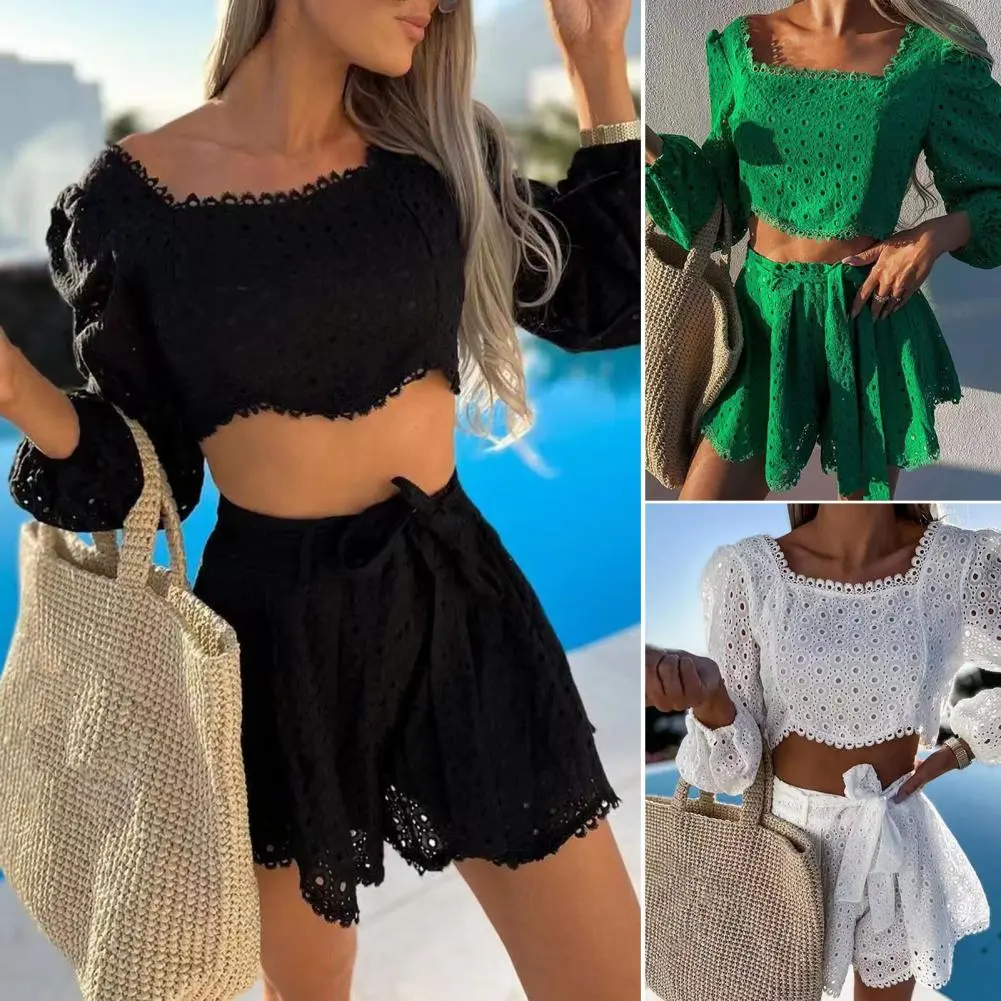 Women Crop Top Shorts Hollow Out Lace Square Collar Lace-up Shorts Set High Wais Lace-up Cute-out Crop Top Shorts Streetwear