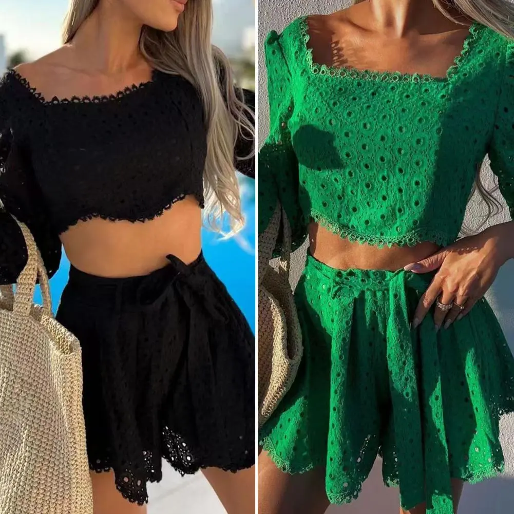 Women Crop Top Shorts Hollow Out Lace Square Collar Lace-up Shorts Set High Wais Lace-up Cute-out Crop Top Shorts Streetwear