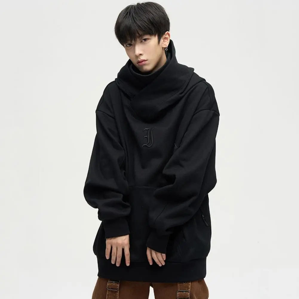 Japanese Harajuku Men Sweatshirt Turtleneck Letter Print Cyber Punk Hoodie Hip Hop Solid Color Hooded Sweatshirt For Men Women