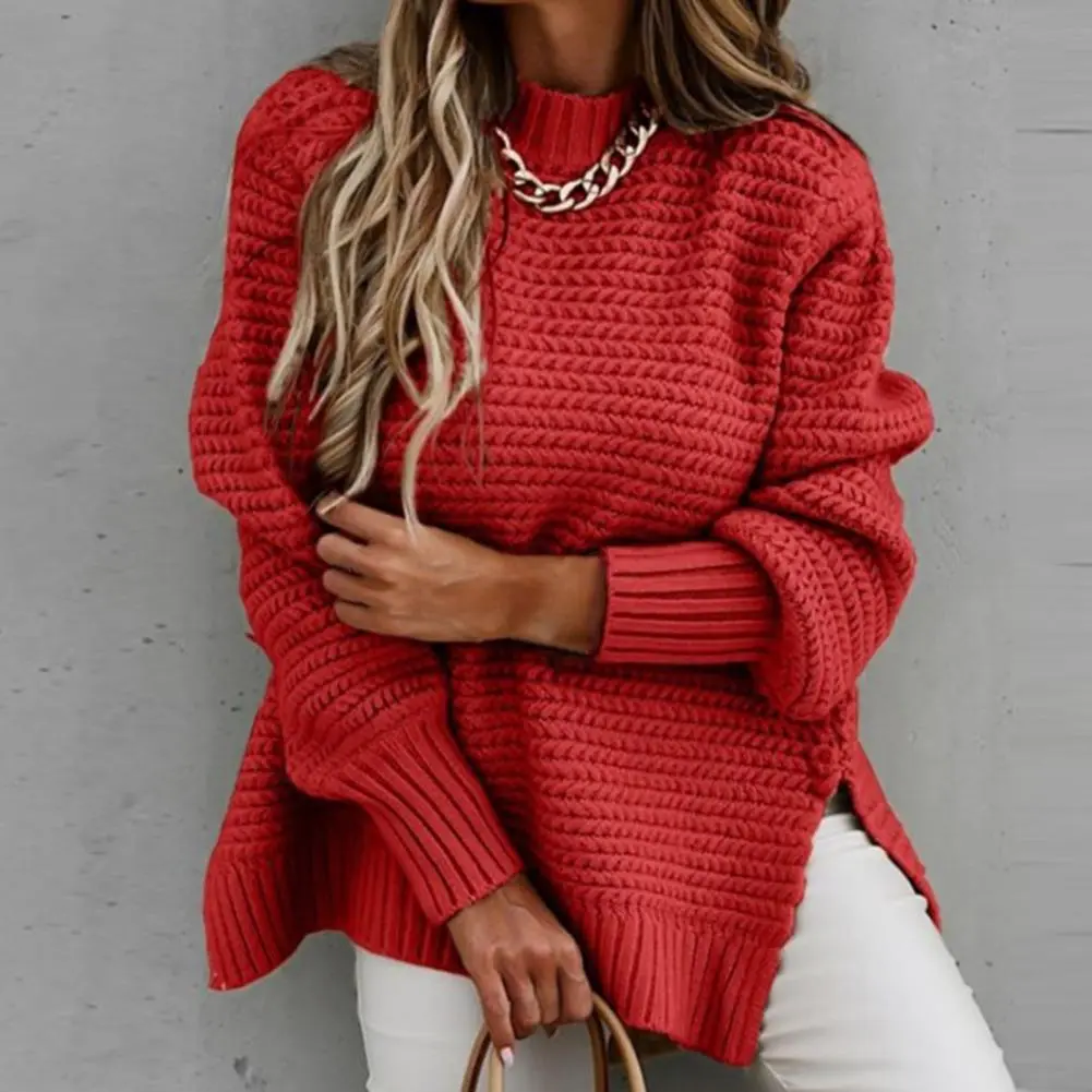 Women Sweater Half High Collar Loose Solid Color Long Sleeved Side Slit Casual Sweater Autumn Winter Knitted Jumpers Sweater