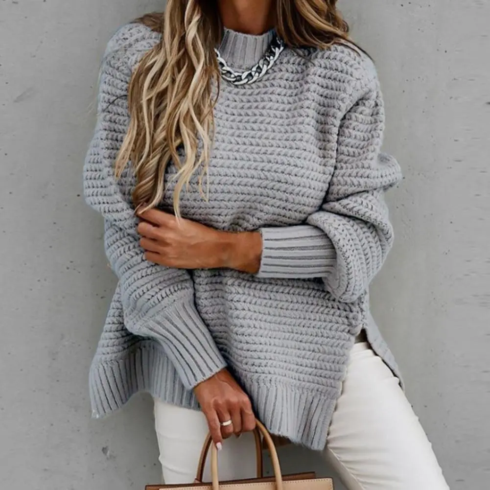 Women Sweater Half High Collar Loose Solid Color Long Sleeved Side Slit Casual Sweater Autumn Winter Knitted Jumpers Sweater