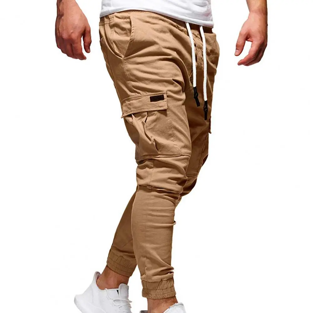 Men Cargo Pants Solid Color Drawstring Men Multi Pockets Sports Sweatpants European And American Casual Loose Drawstring Pants