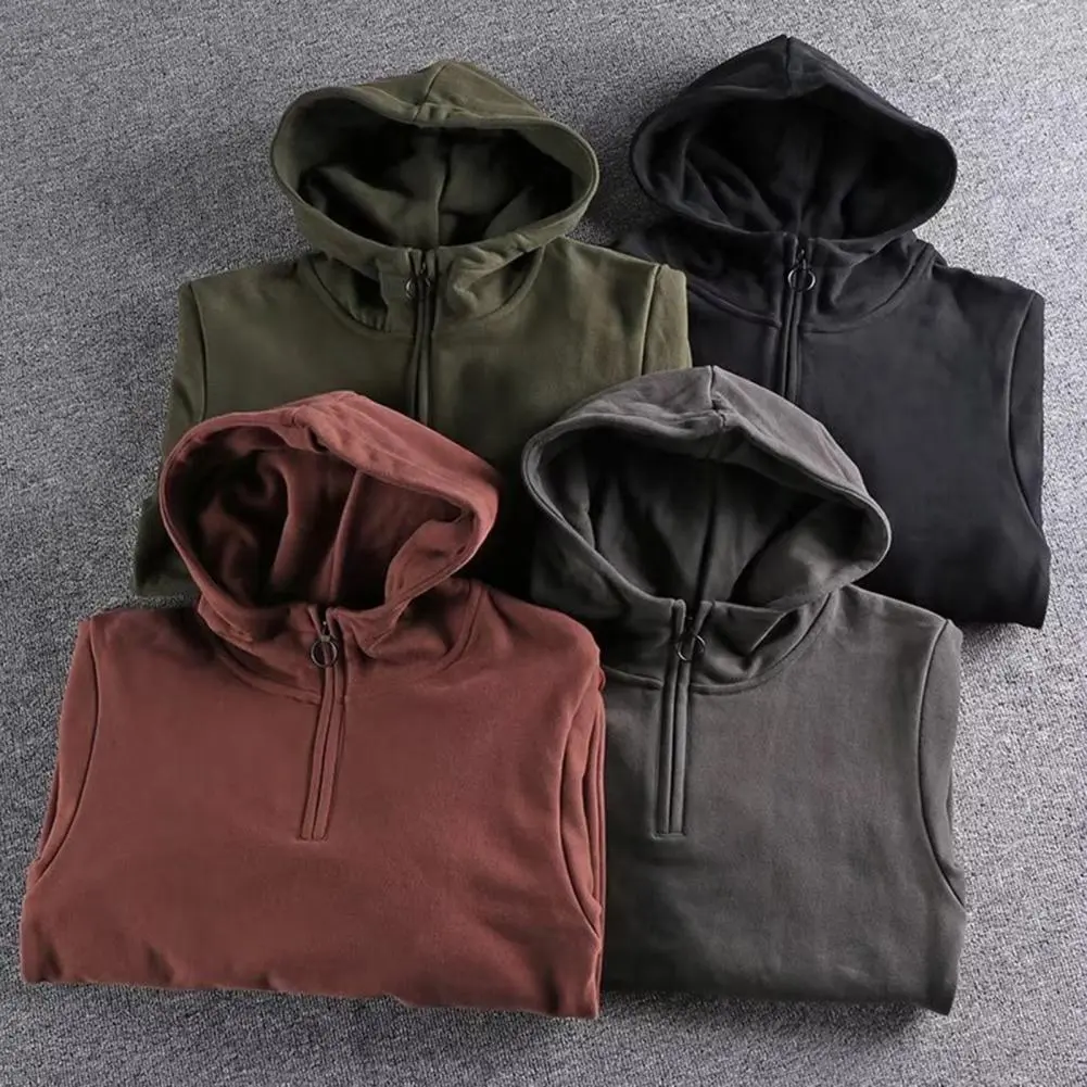 2025 M-3XL Men Autumn Winter Hoodie Zipper Decor Hooded Thickened Warm Big Pocket Mid Length Streetwear Simple Style Men Hoodie