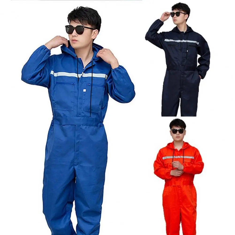 2025 L-4XL Work Overalls Hooded Drawstring luminous Safety Worker Coveralls Mechcanic Jumpsuit Auto Repairmen Working Uniform