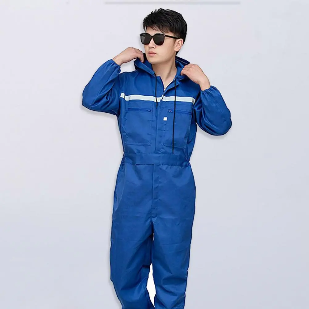 2025 L-4XL Work Overalls Hooded Drawstring luminous Safety Worker Coveralls Mechcanic Jumpsuit Auto Repairmen Working Uniform