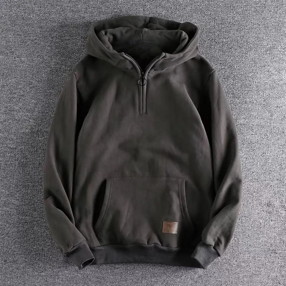 2025 M-3XL Men Autumn Winter Hoodie Zipper Decor Hooded Thickened Warm Big Pocket Mid Length Streetwear Simple Style Men Hoodie