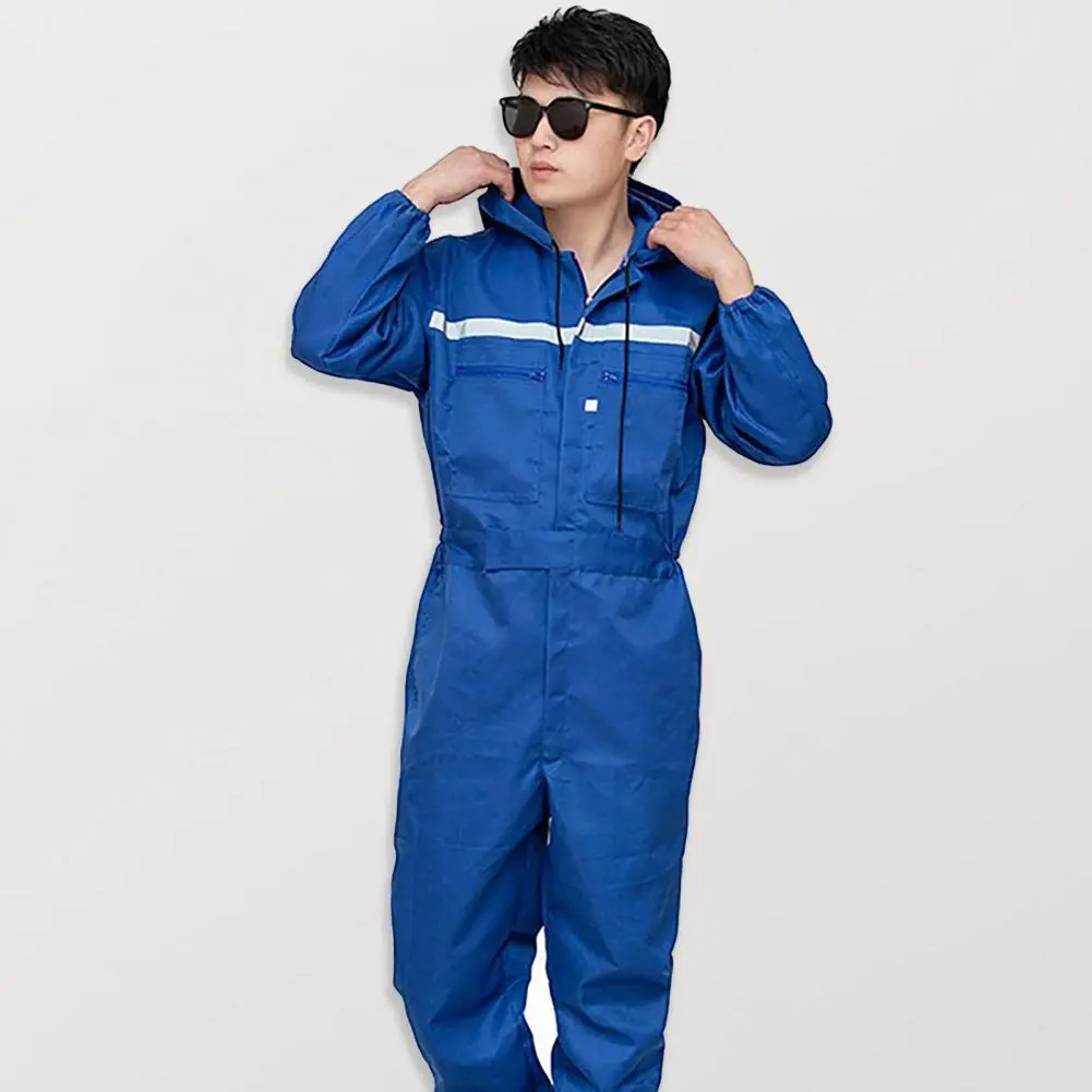 2025 L-4XL Work Overalls Hooded Drawstring luminous Safety Worker Coveralls Mechcanic Jumpsuit Auto Repairmen Working Uniform