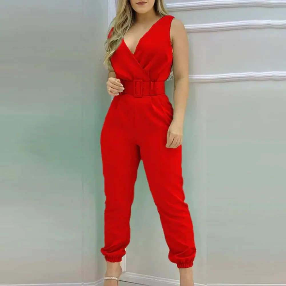 Women's Jumpsuit Elegant Red Flower Print Office Lady Jumpsuit Solid Color Slim Summer High Waisted Patchwork Overall Streetwear