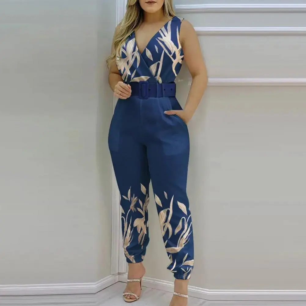 Women's Jumpsuit Elegant Red Flower Print Office Lady Jumpsuit Solid Color Slim Summer High Waisted Patchwork Overall Streetwear