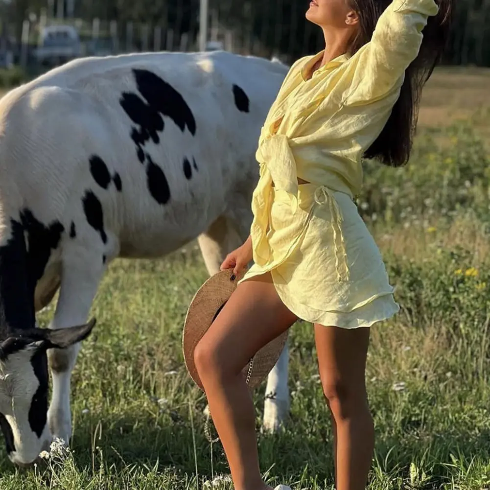 Women Beach Cover-Up Set Long Sleeve See Through Shirt & Dress Casual 2-Piece Outfit Sun Protection Bikinis Cover Ups Shorts Set