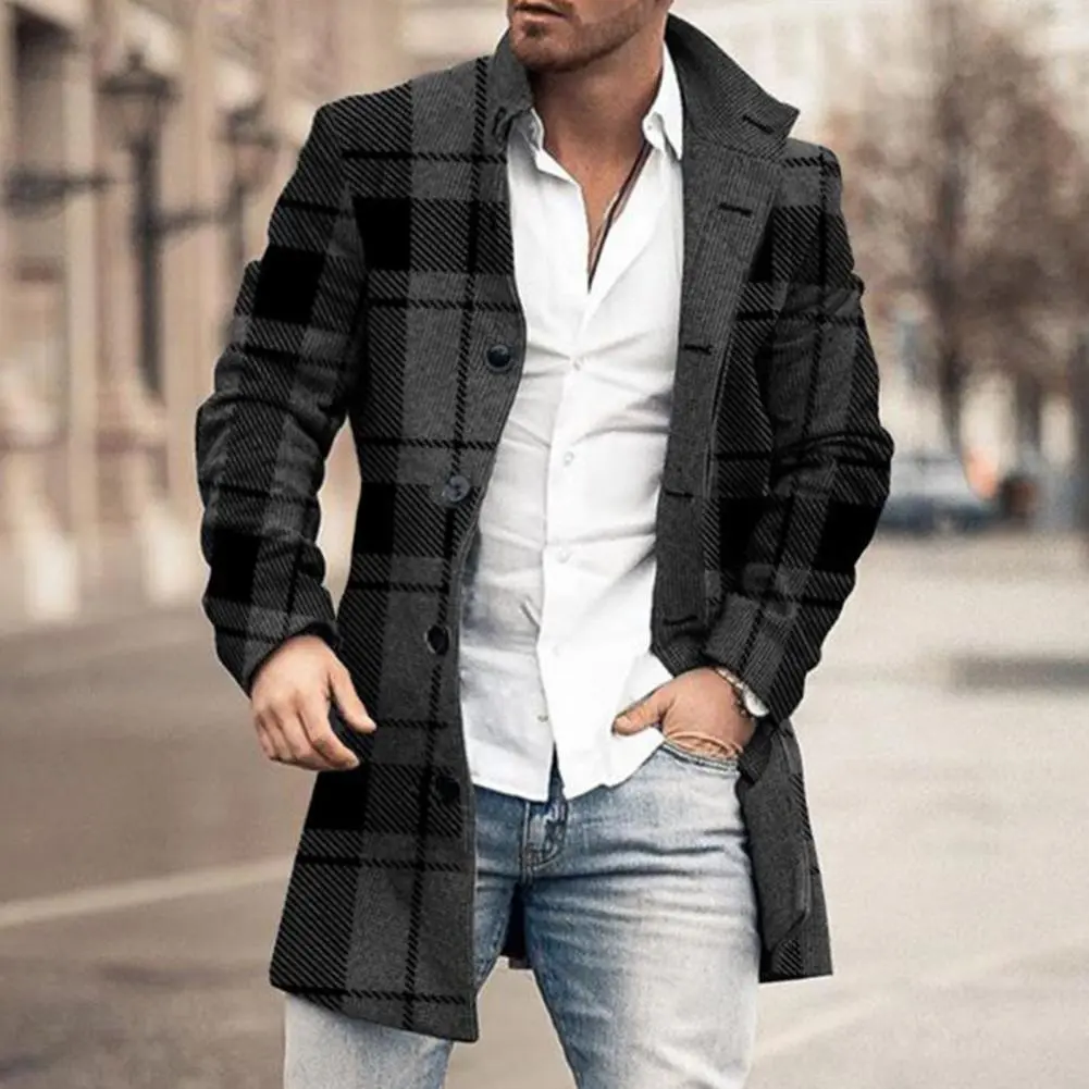 Men Jacket Plaid Single-breasted Lapel Long Sleeves Slim Mid-length Jacket Coat Thick Warm Spring Trench Coat Male Outerwear