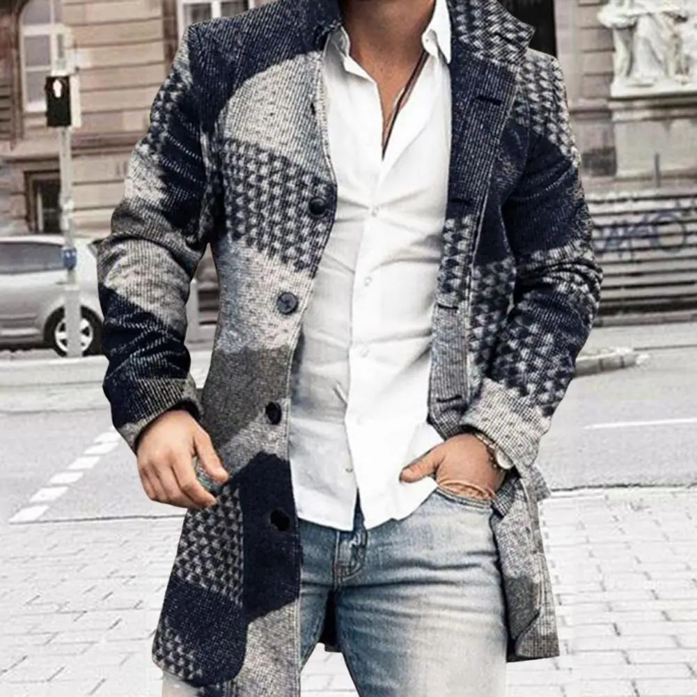 Men Jacket Plaid Single-breasted Lapel Long Sleeves Slim Mid-length Jacket Coat Thick Warm Spring Trench Coat Male Outerwear