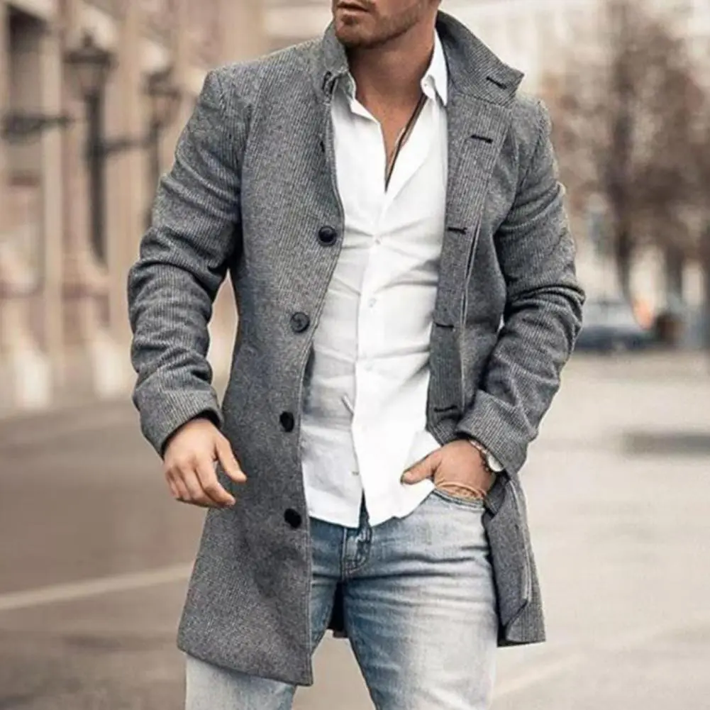 Men Jacket Plaid Single-breasted Lapel Long Sleeves Slim Mid-length Jacket Coat Thick Warm Spring Trench Coat Male Outerwear