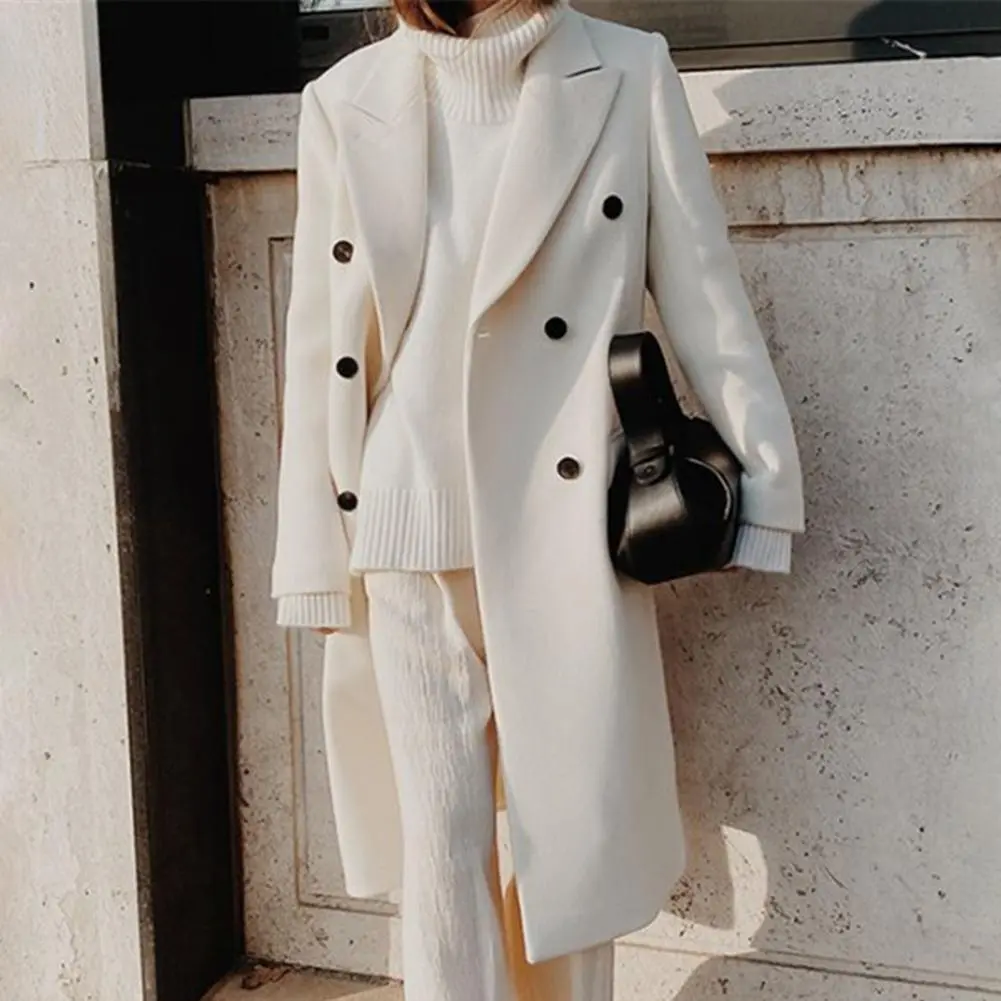 Lapel Double Breasted Woolen Suit Jacket For Women Autumn And Winter Solid Color Lapel Flap Pockets Straight Long Woolen Coat