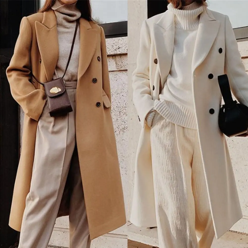 Lapel Double Breasted Woolen Suit Jacket For Women Autumn And Winter Solid Color Lapel Flap Pockets Straight Long Woolen Coat