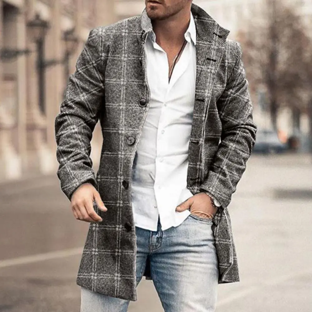 Men Jacket Plaid Single-breasted Lapel Long Sleeves Slim Mid-length Jacket Coat Thick Warm Spring Trench Coat Male Outerwear