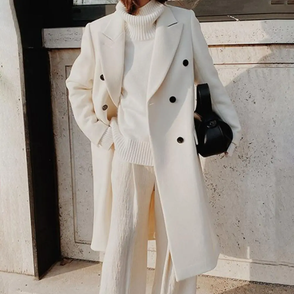 Lapel Double Breasted Woolen Suit Jacket For Women Autumn And Winter Solid Color Lapel Flap Pockets Straight Long Woolen Coat